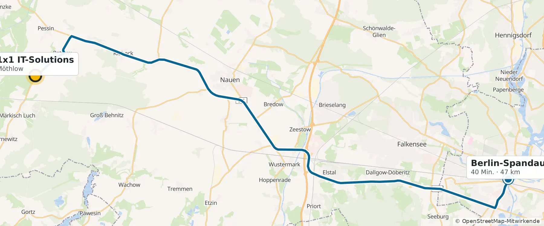 Karte: Route von Möthlow nach Berlin-Spandau, 40 Minuten, 47 Kilometer
