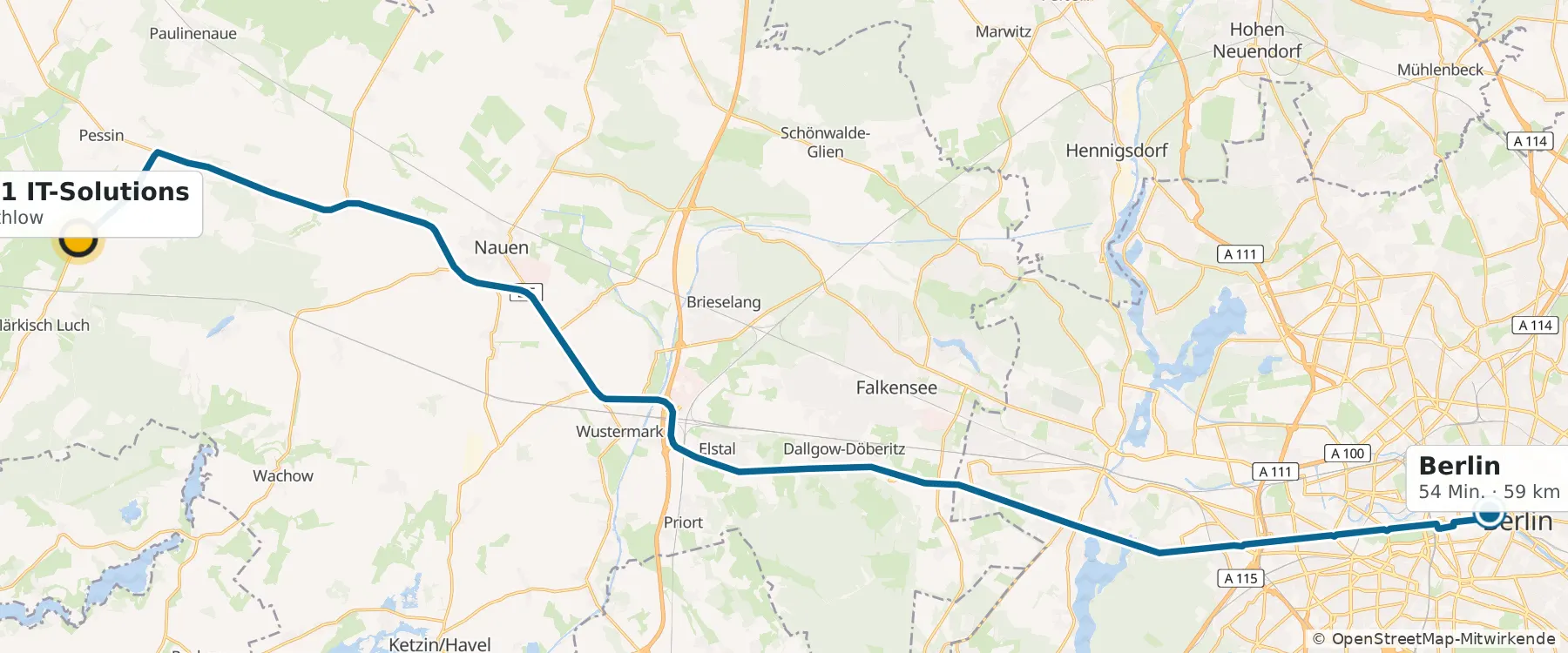 Karte: Route von Möthlow nach Berlin, 54 Minuten, 59 Kilometer