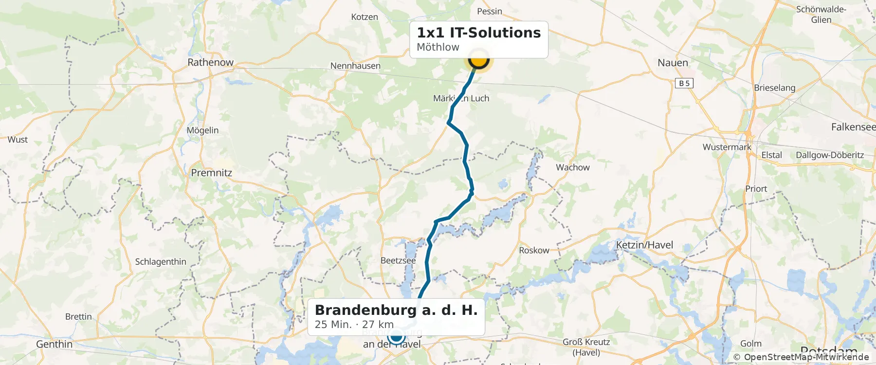 Karte: Route von Möthlow nach Brandenburg an der Havel, 25 Minuten, 27 Kilometer