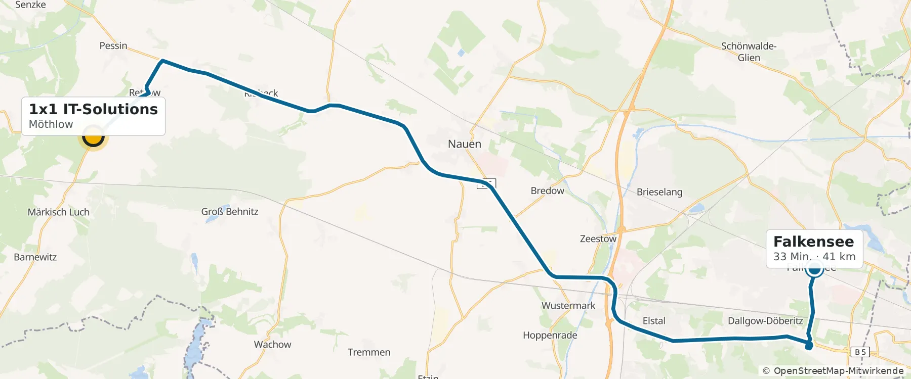 Map: route from Möthlow to Falkensee, 33 minutes, 41 kilometres