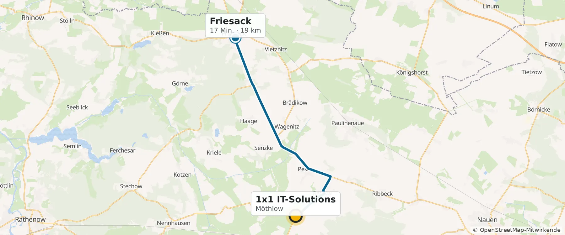 Karte: Route von Möthlow nach Friesack & Märkisch Luch, 17 Minuten, 19 Kilometer