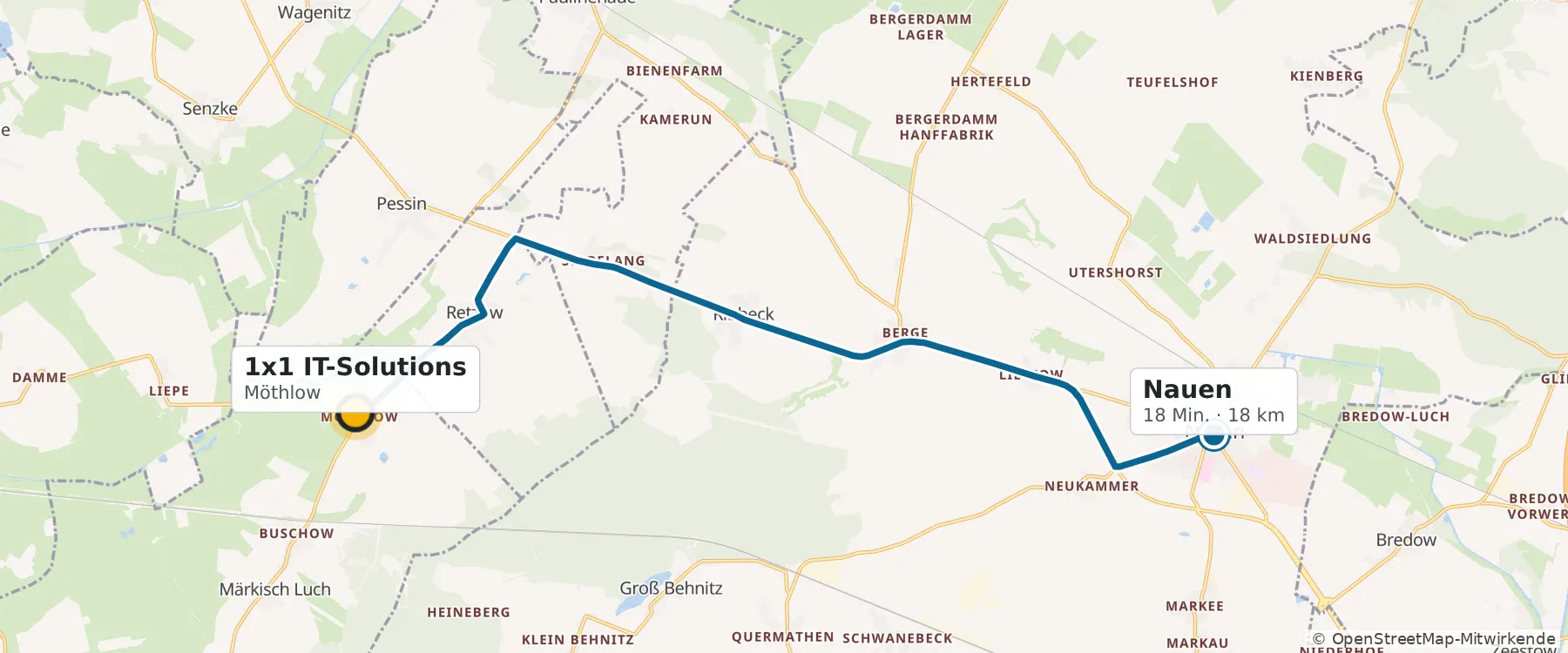Karte: Route von Möthlow nach Nauen, 18 Minuten, 18 Kilometer
