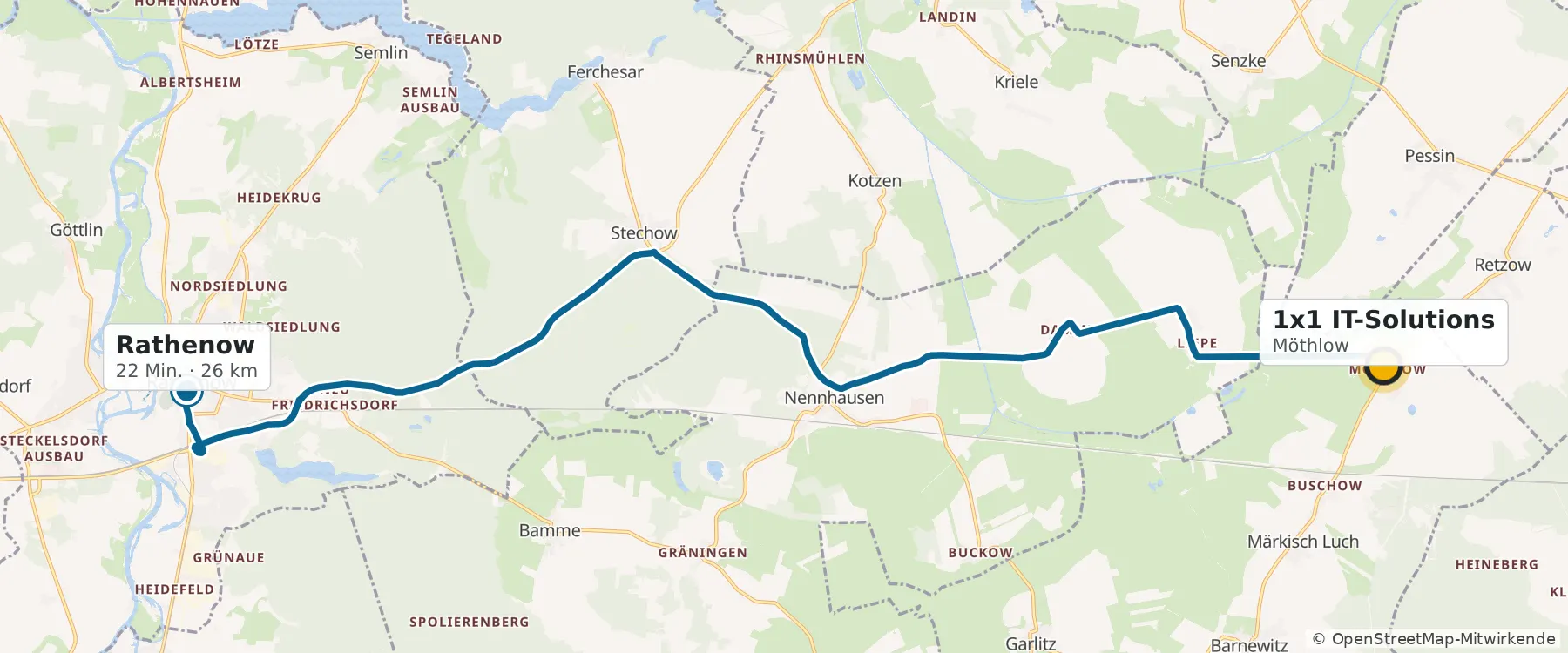 Map: route from Möthlow to Rathenow & Premnitz, 22 minutes, 26 kilometres