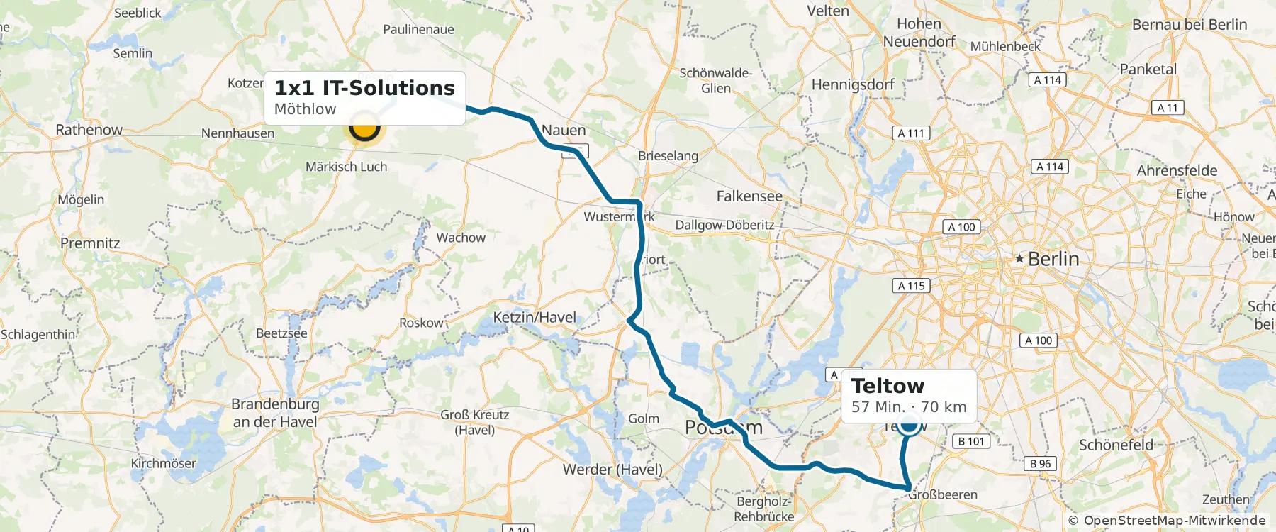 Karte: Route von Möthlow nach Teltow & Kleinmachnow, 57 Minuten, 70 Kilometer
