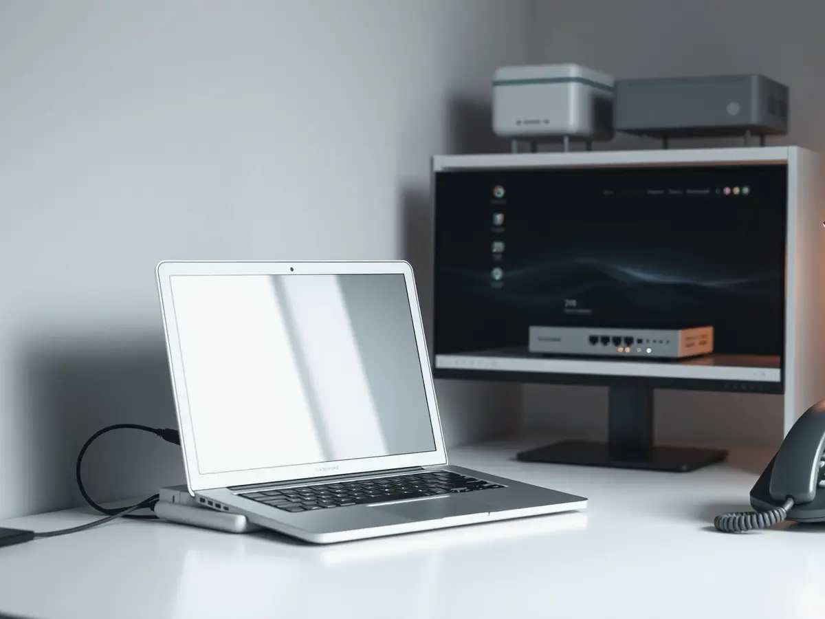 Aufgeräumter Büro-Arbeitsplatz eines Betriebs mit Laptop, Bildschirm, Telefon und Netzwerktechnik
