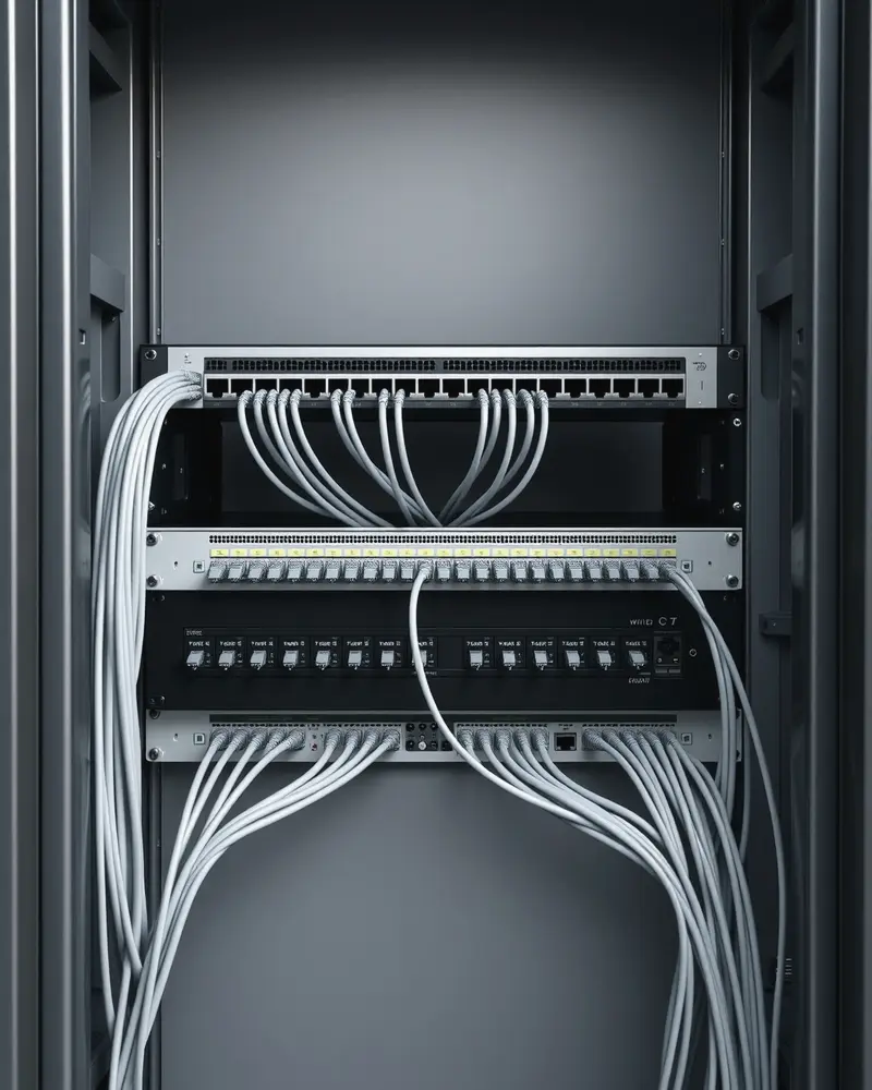 Sauber verkabeltes Netzwerk-Patchfeld in einem Serverschrank