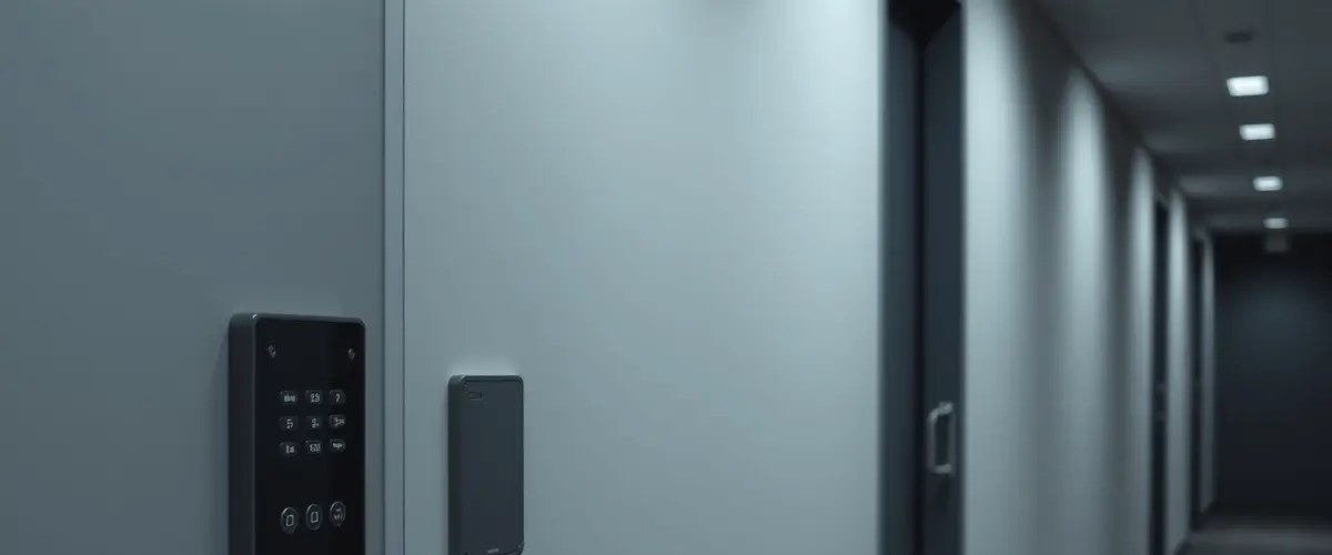 Schlichtes Tastenpanel eines Smart Homes neben einer Tür
