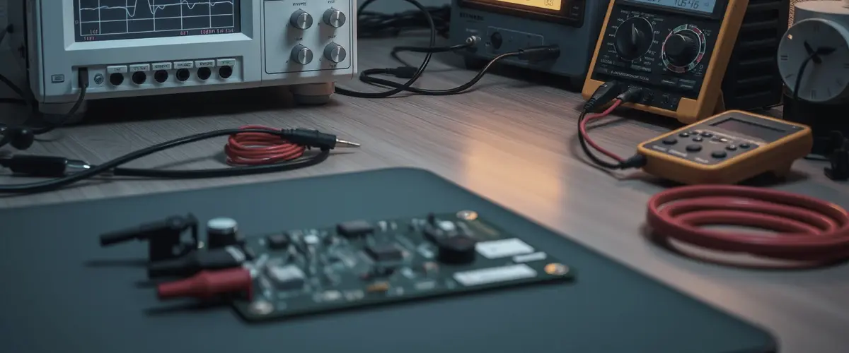 Elektronik-Messplatz mit Oszilloskop, Multimeter und Labornetzteil, davor eine bestückte Platine auf der Antistatikmatte