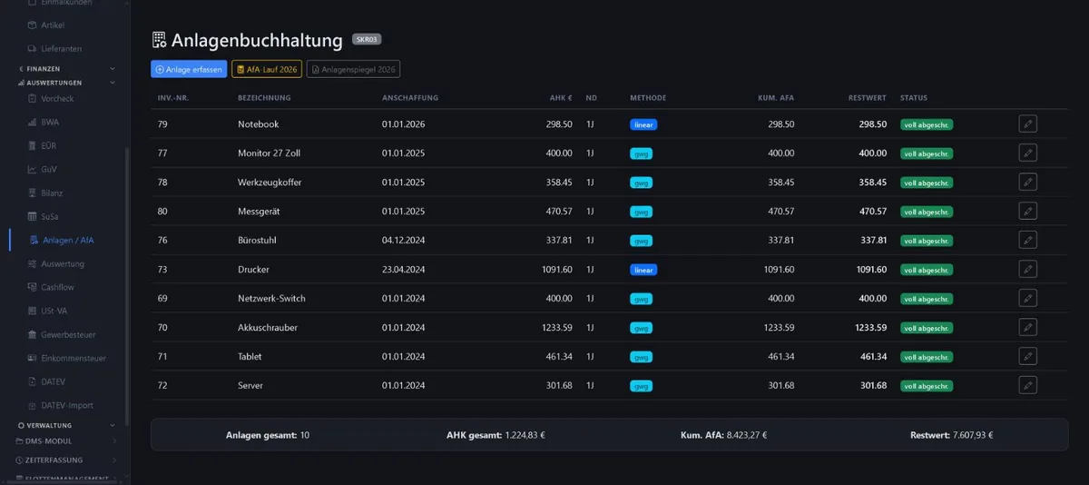 Bildschirmansicht Anlagenbuchhaltung im 1x1-WorkOrderAgent