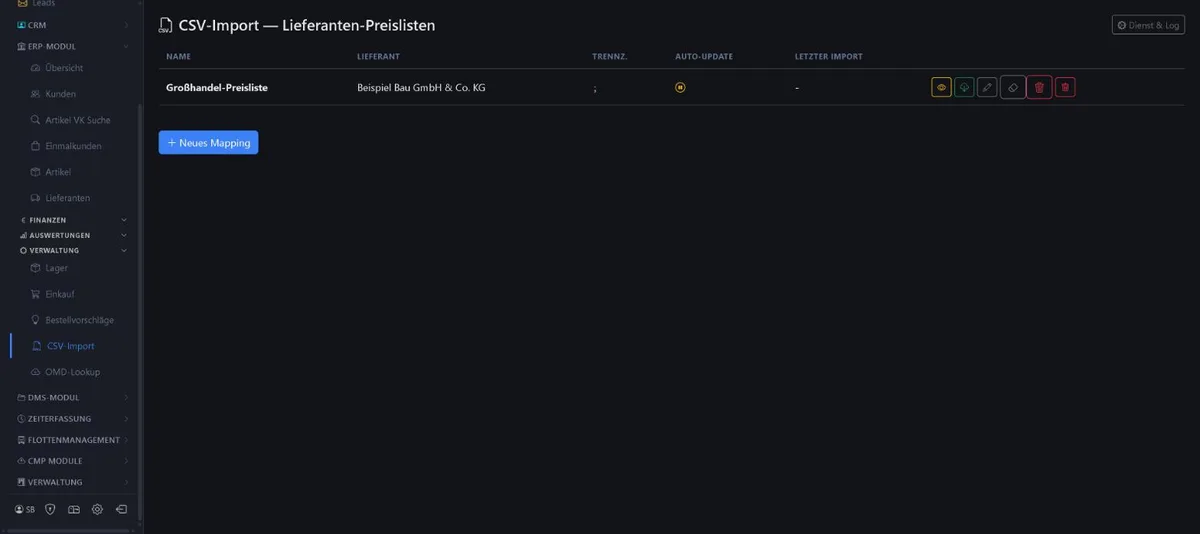 Bildschirmansicht Preislisten per CSV im 1x1-WorkOrderAgent