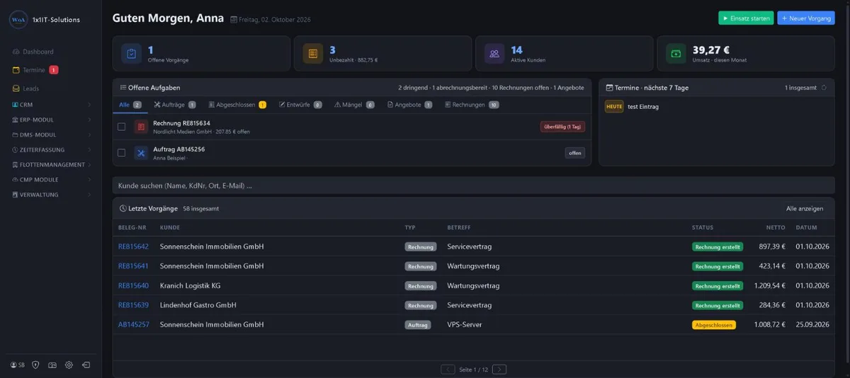 Bildschirmansicht Dashboard im 1x1-WorkOrderAgent