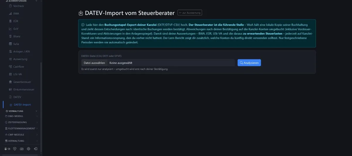 Bildschirmansicht DATEV-Import von der Kanzlei im 1x1-WorkOrderAgent