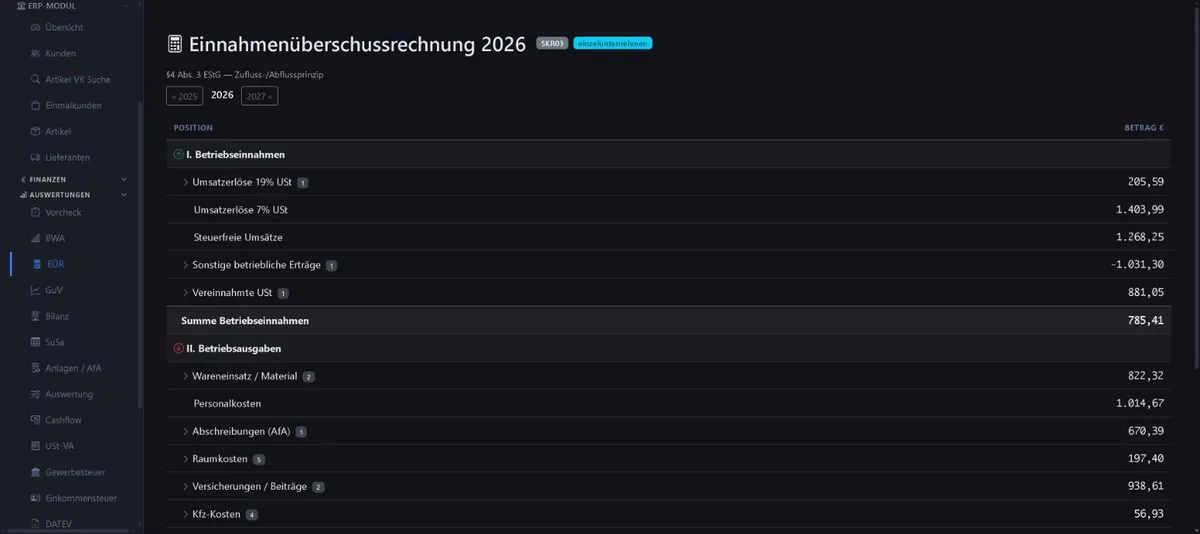 Bildschirmansicht EÜR im 1x1-WorkOrderAgent