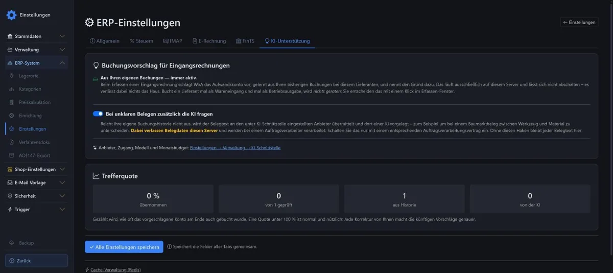 ERP settings, KI-Unterstützung tab with the AI switch and hit rate