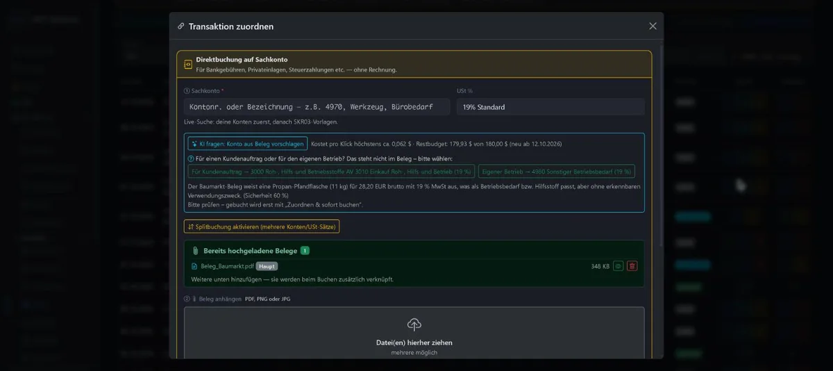 Assign transaction: the AI has read the DIY store receipt and offers two accounts with its reasoning