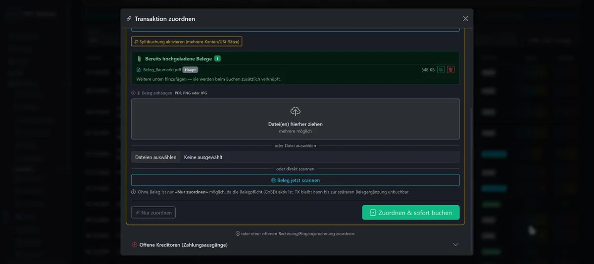 Lower part of the window with drag files here, scan receipt now, assign only and assign and book