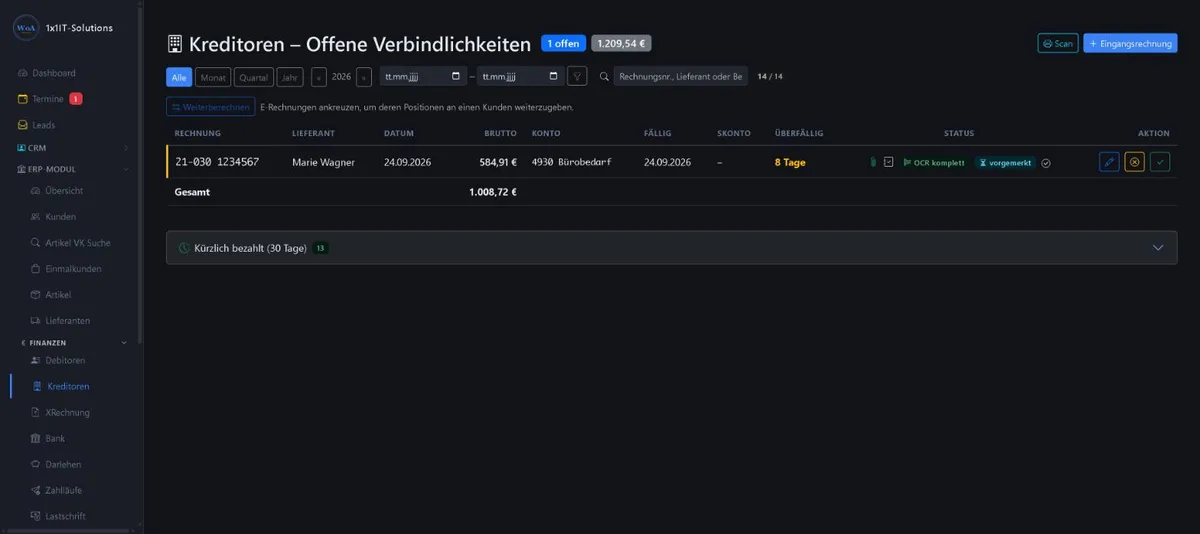 Bildschirmansicht Kreditoren im 1x1-WorkOrderAgent