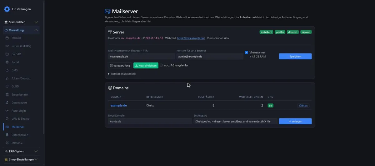 Einstellungen Mailserver mit Server-Teil und Domainliste