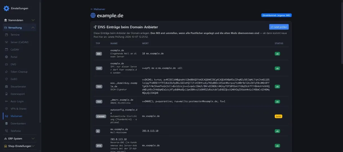 DNS-Assistent mit MX, SPF, DKIM, DMARC, Autoconfig, A-Eintrag und PTR