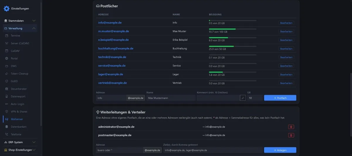 Postfachliste mit Belegung und Weiterleitungen