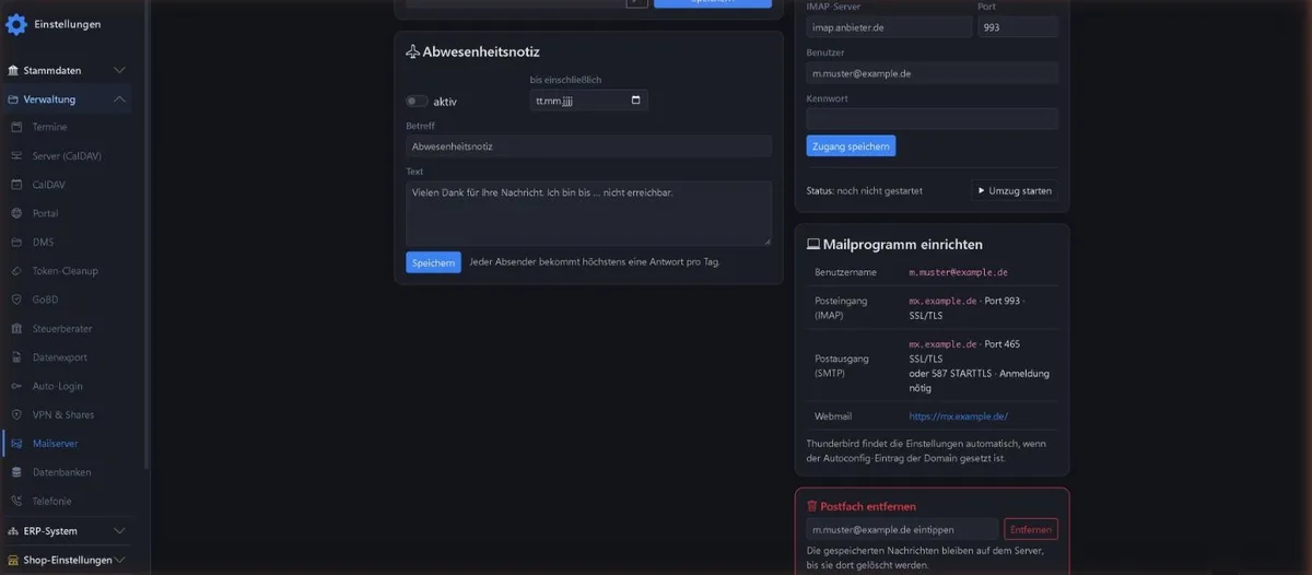 Mailprogramm einrichten mit Benutzername, Posteingang, Postausgang und Webmail