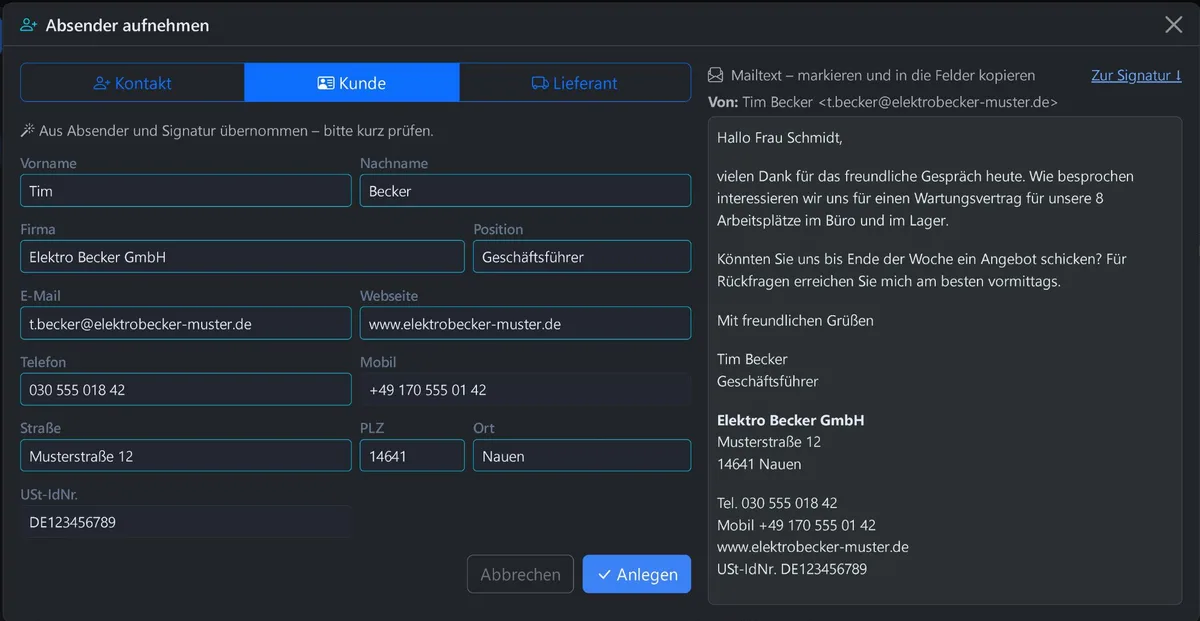 Dialog „Absender aufnehmen“: Felder für Name, Firma, Position, Telefon, Anschrift und USt-IdNr. sind aus der Signatur der Mail vorausgefüllt