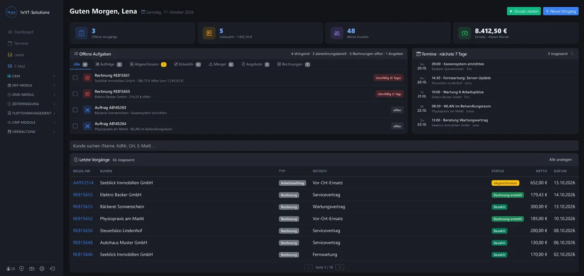 Dashboard des 1x1-WorkOrderAgent mit offenen Aufgaben, Terminen und den letzten Vorgängen