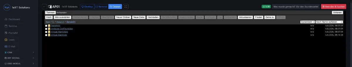 File view in the 1x1-WorkOrderAgent with folders on the customer computer, upload and new folder
