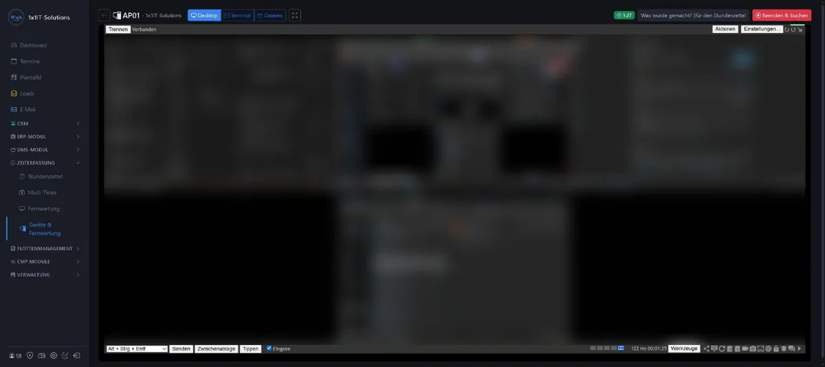 Running desktop session in the 1x1-WorkOrderAgent with timer and timesheet field, screen content blurred