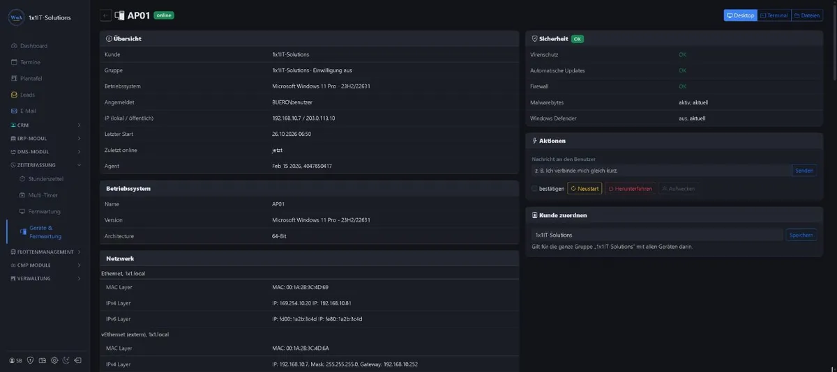 Device detail page in the 1x1-WorkOrderAgent: security status with antivirus, automatic updates and firewall, actions and network data