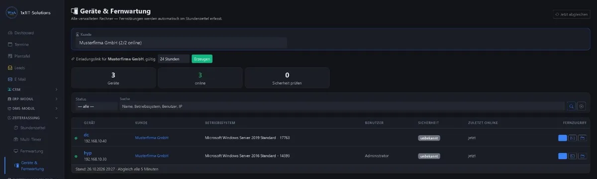 Devices and remote support in the 1x1-WorkOrderAgent with sample data