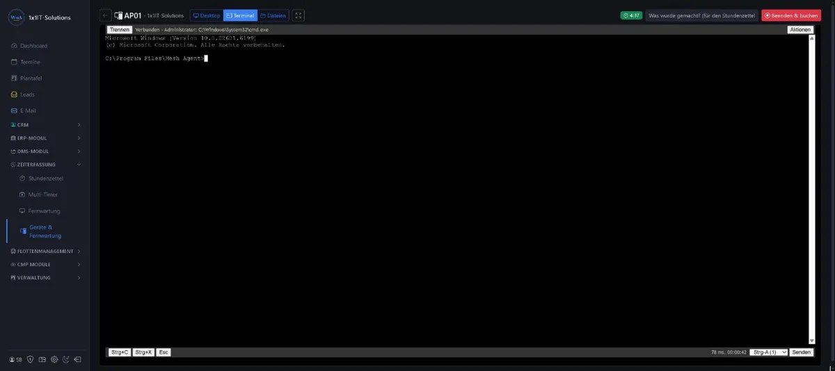 Terminal session in the 1x1-WorkOrderAgent with an administrator command prompt