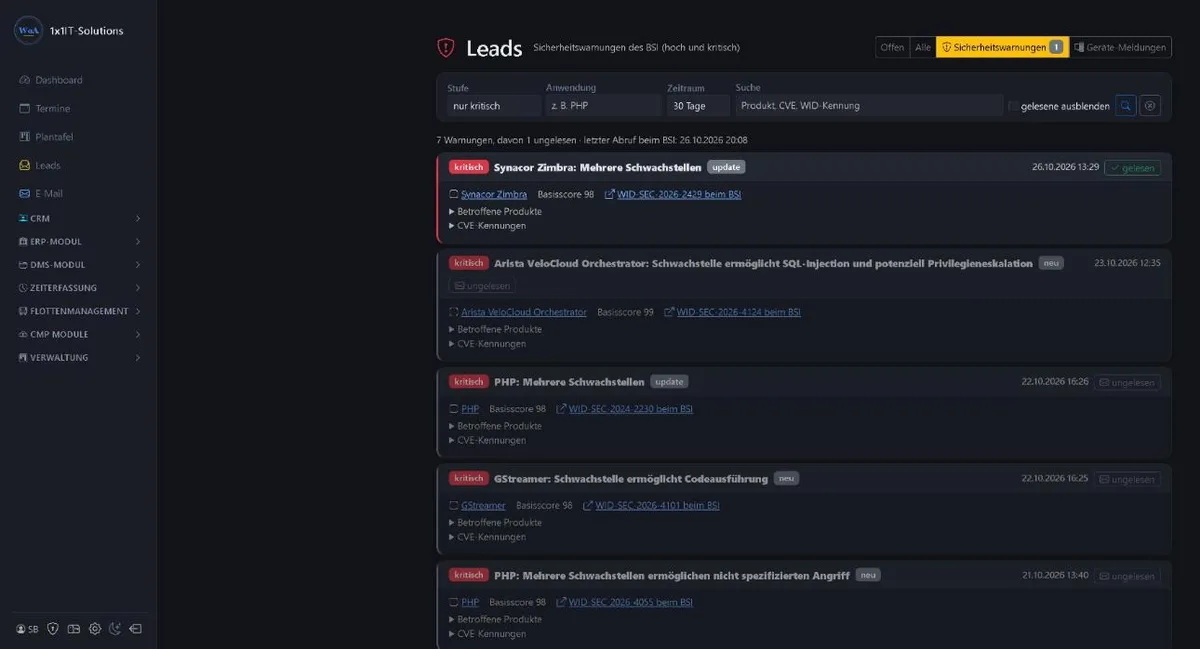 BSI security alerts under leads in the 1x1-WorkOrderAgent