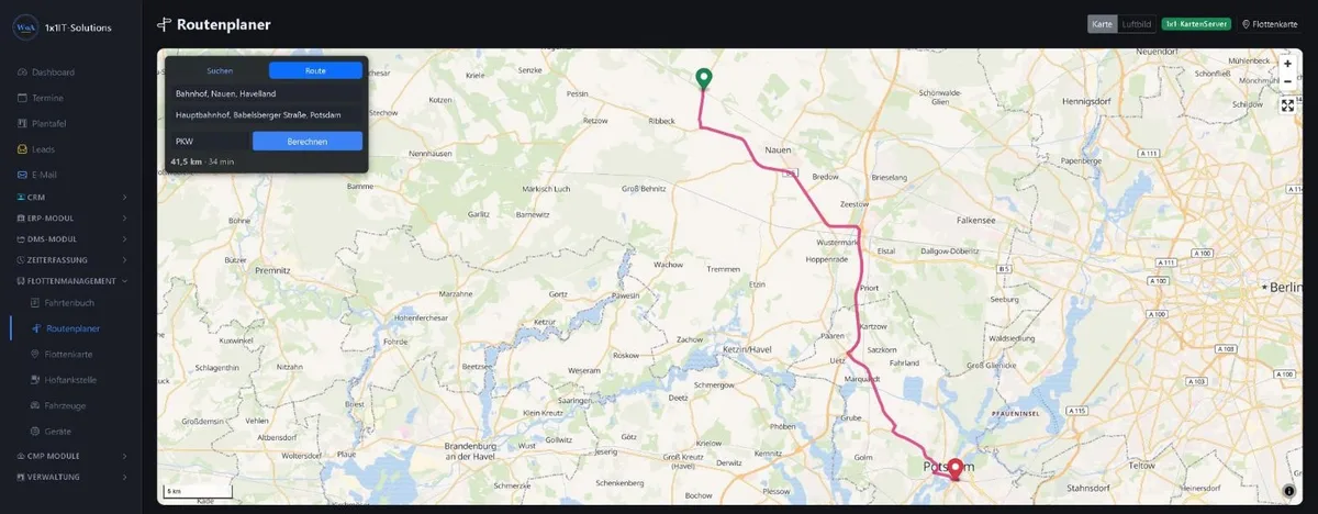 Routenplaner im 1x1-WorkOrderAgent mit einer Beispielroute von Nauen nach Potsdam