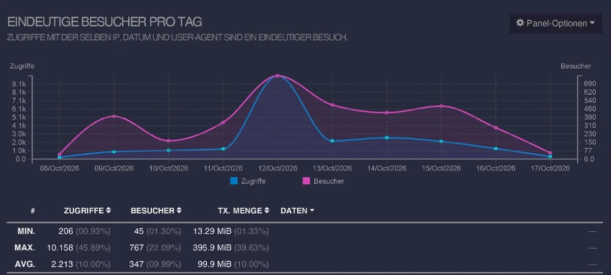 Besucher pro Tag in der Besucherstatistik des 1x1-WorkOrderAgent