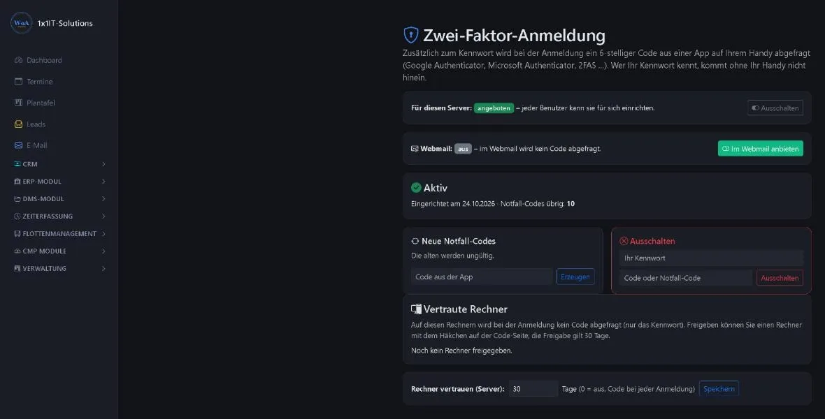 Einstellungen der Zwei-Faktor-Anmeldung im 1x1-WorkOrderAgent