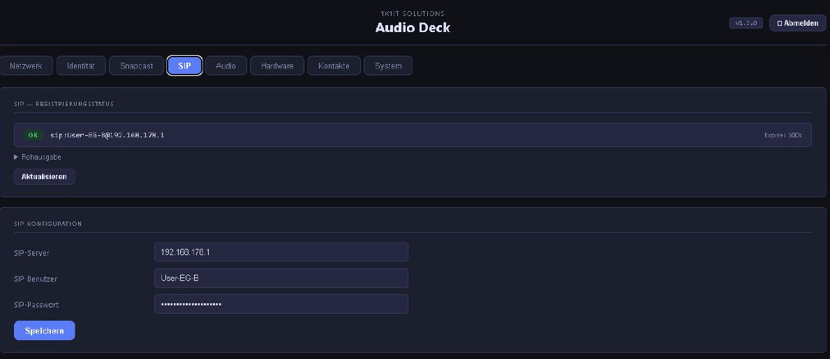 Audio Deck SIP-Konfiguration mit grünem OK-Status