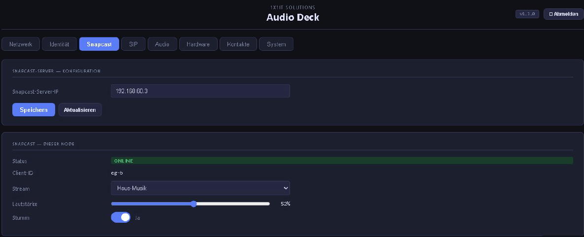 Audio Deck Snapcast-Status mit Online-Anzeige und Lautstärkeregler