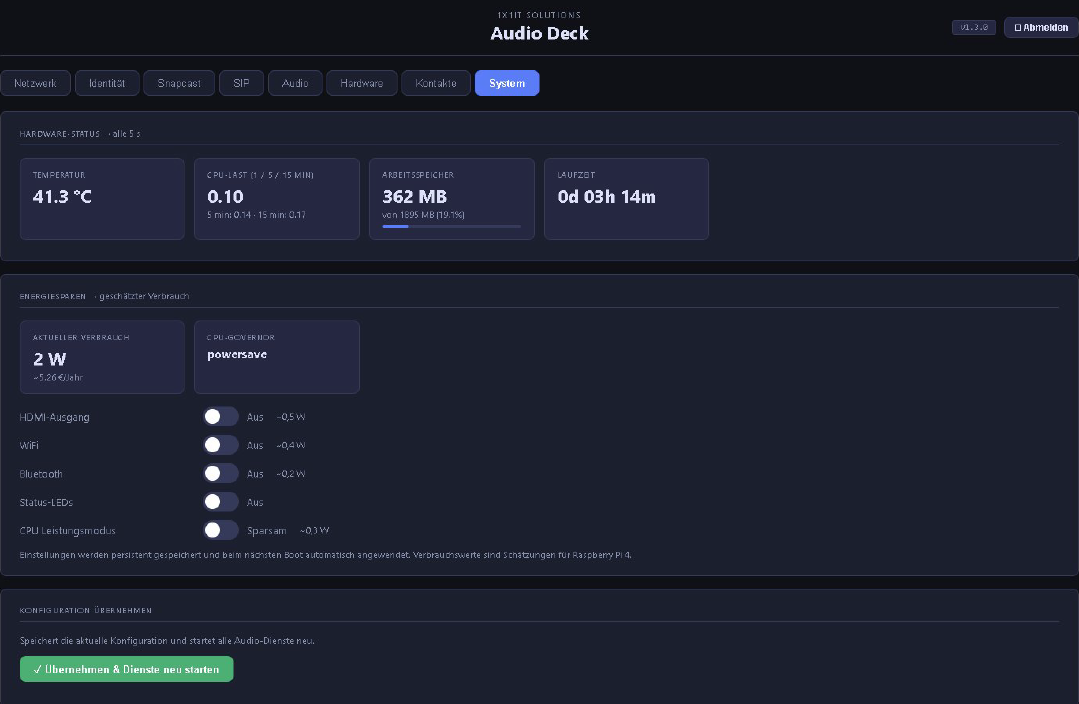 Audio Deck System-Tab mit Hardware-Status und Energiesparoptionen