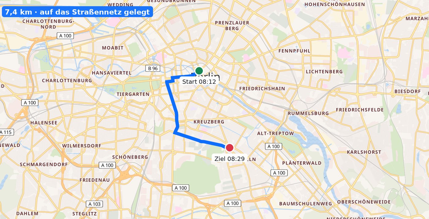 Aufgezeichnete Fahrt in Berlin, die Spur folgt dem Straßenverlauf, Start und Ziel sind markiert