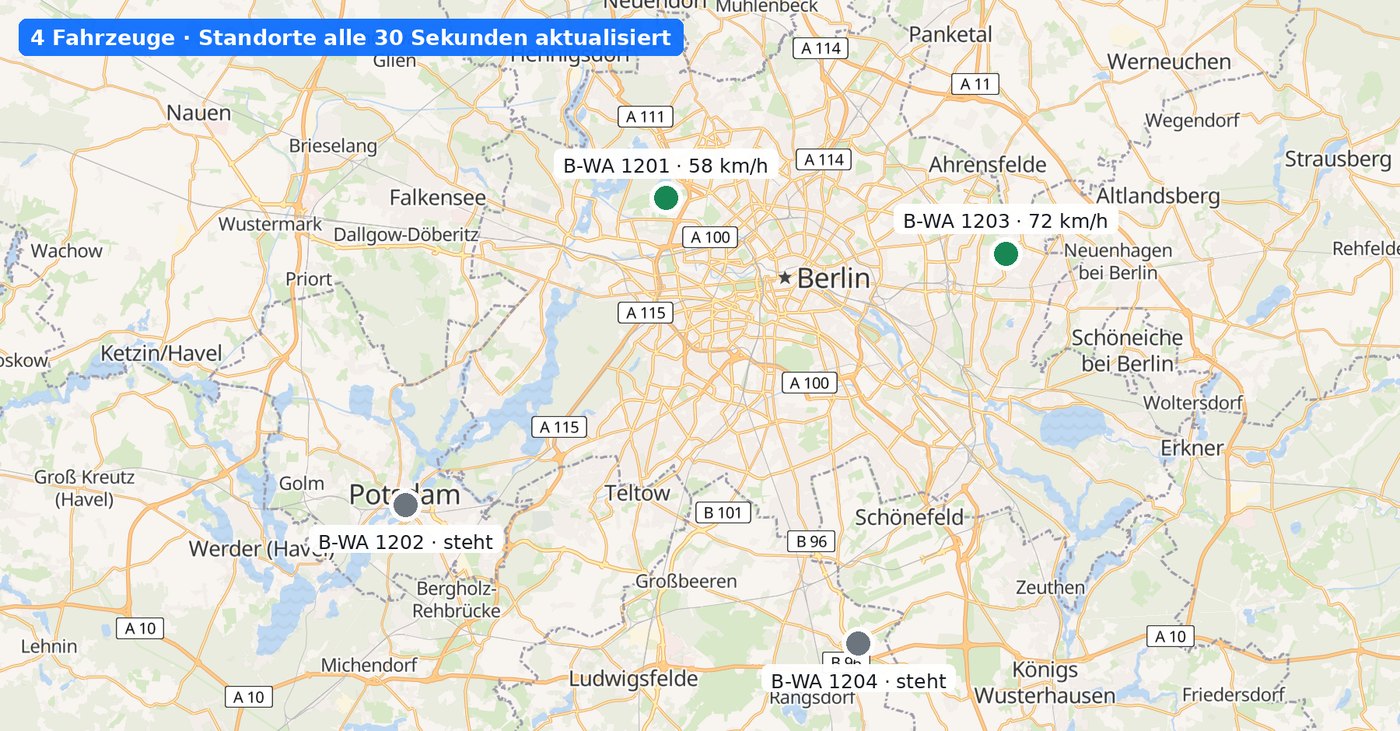 Flottenkarte mit vier Fahrzeugen im Raum Berlin und Brandenburg, jeweils mit Kennzeichen und aktuellem Zustand